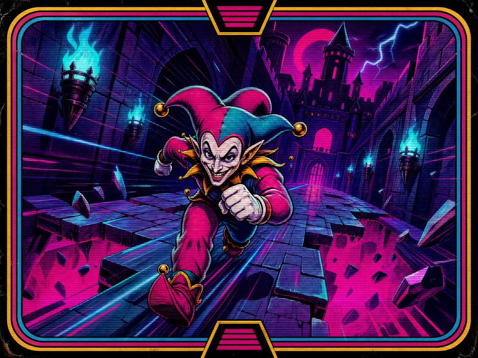 Cap and Bells Run jester sprinting through a neon castle corridor