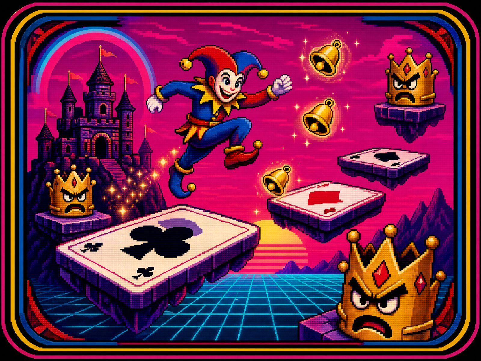 Fool's Frenzy pixel jester jumping across card platforms