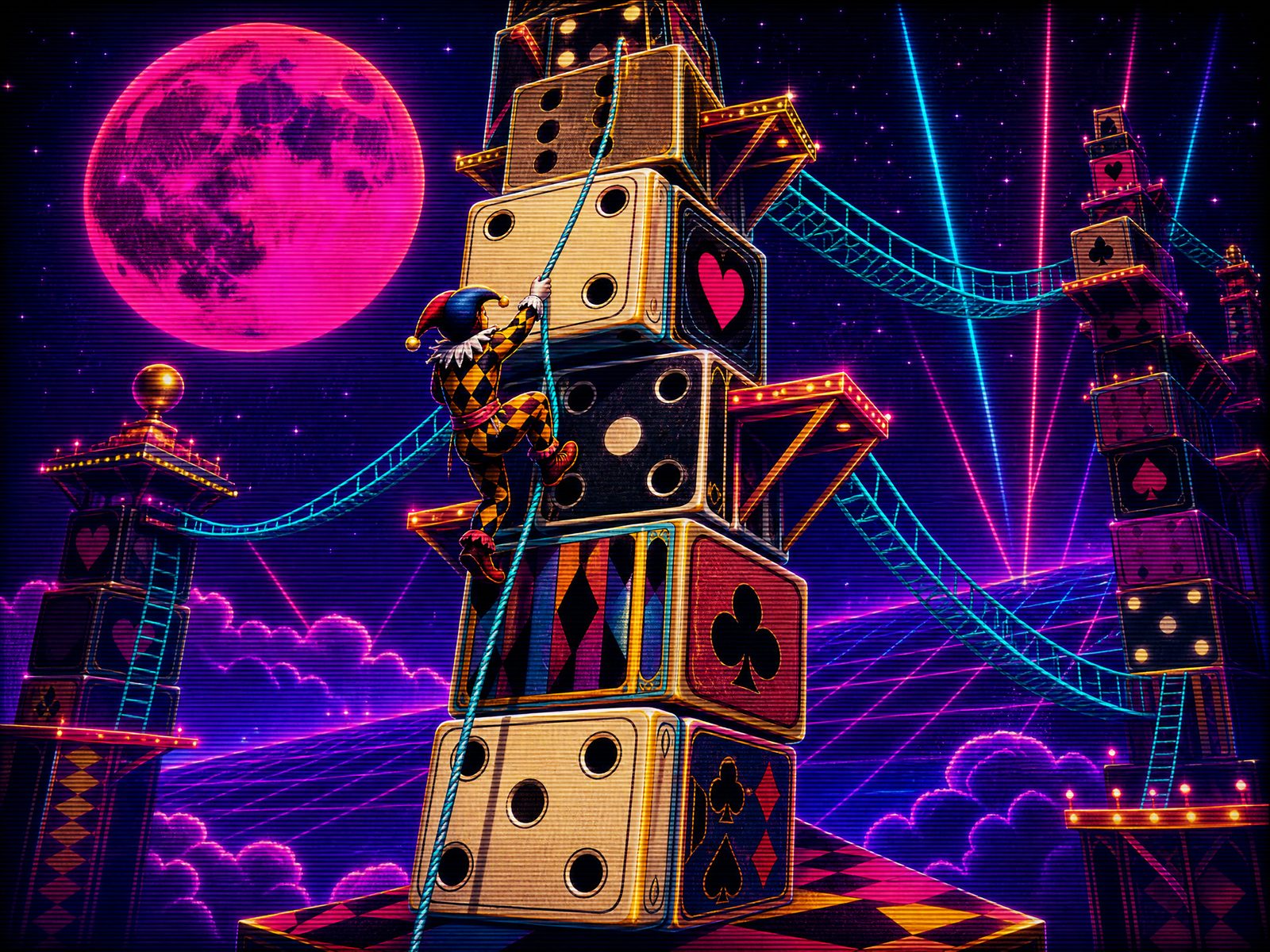 Harlequin Heights jester climbing a tower of dice under a magenta moon