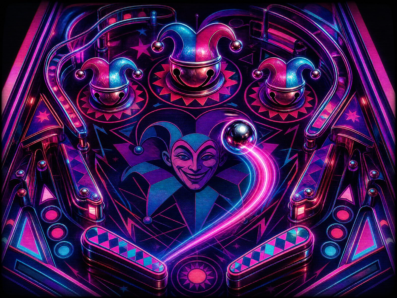 Joker's Pinball table with bell bumpers and harlequin flippers