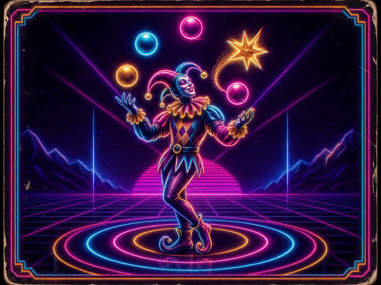 Neon Juggler jester juggling glowing orbs on a neon stage