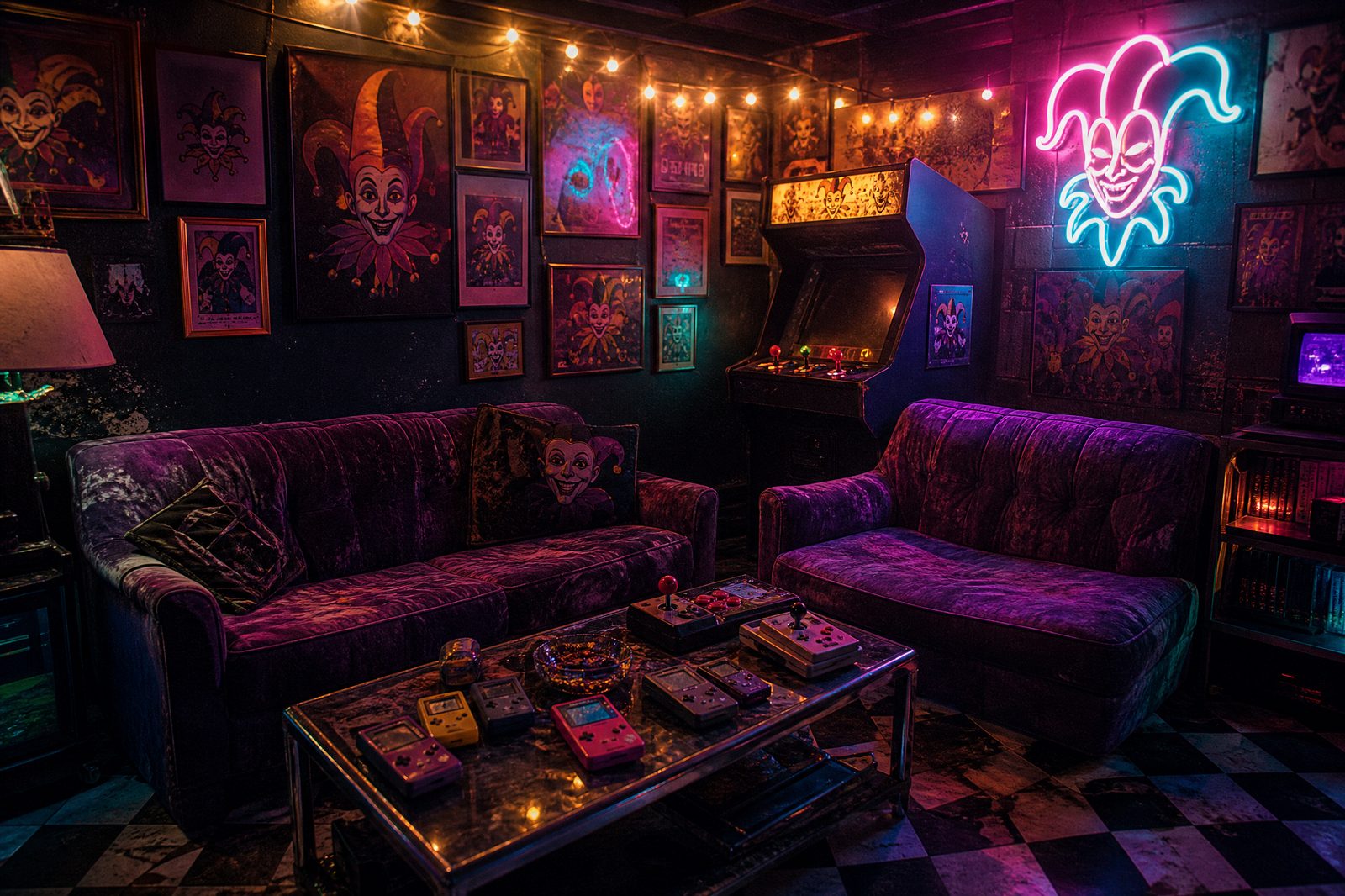 The purple review couch surrounded by jester art and neon
