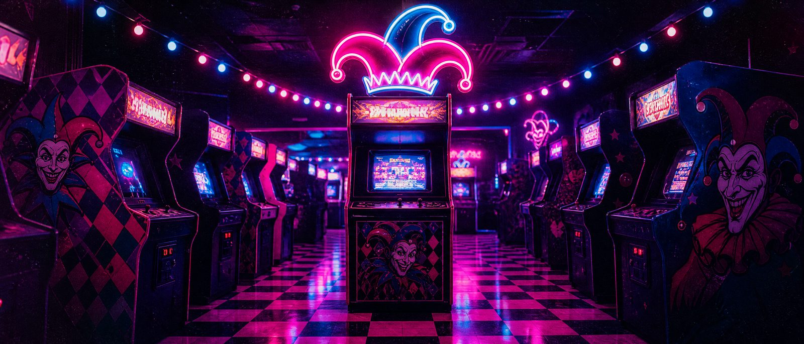 Neon-lit arcade hall with jester-themed cabinets